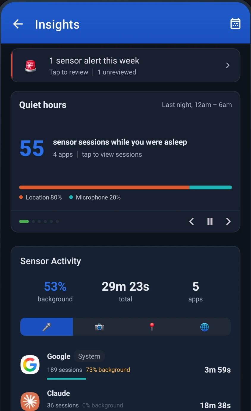 The Insights screen showing 55 overnight sensor sessions broken down by app and sensor