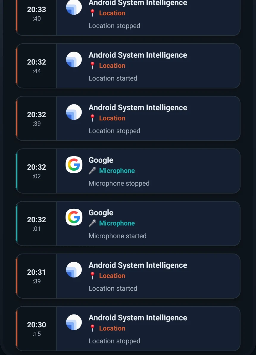 The AppInsight timeline showing timestamped microphone and location events with the app named on each one